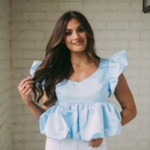Satin Bubble Top-Light Blue